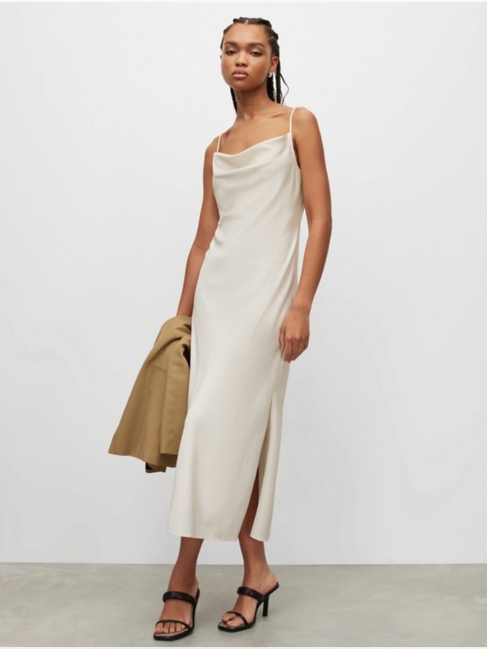 All Saints Hadley Satin Slip Midi Dress in Ivory